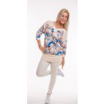  Elegáns vállvonalú mintás tunika krém-kék-mokka levél mintás