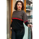  Elegáns női húzózsinóros hosszú ujjú felső  DRAPP-FEKETE ROMBUSZ piros csíkkal.