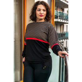   Elegáns női húzózsinóros hosszú ujjú felső  DRAPP-FEKETE ROMBUSZ piros csíkkal.