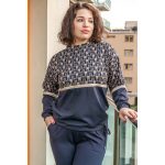  Elegáns női húzózsinóros hosszú ujjú felső EZÜSTSZŰRKE-SÖTÉTKÉK ABSZTRAKT