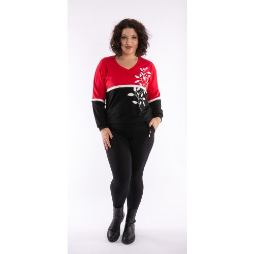  Elegáns női húzózsinóros hosszú ujjú felső piros-fekete. Fehér levélminmtával.
