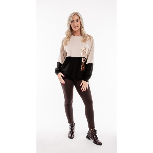 Elegáns női húzózsinóros hosszú ujjú felső cappucchino-fekete zebra-beautiful minta