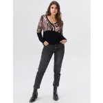  Elegáns húzózsinóros hosszú ujjú fekete-bézs hullám mintás felső 