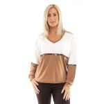  Elegáns húzózsinóros hosszú ujjú felső ekrü-karamell ocelot csíkkal