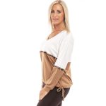  Elegáns húzózsinóros hosszú ujjú felső ekrü-karamell ocelot csíkkal