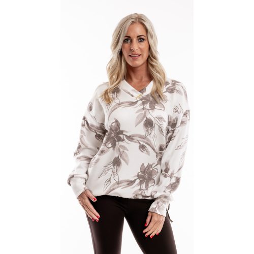 Elegáns húzózsinóros rajzolt virág mintás kötött felső ekrü