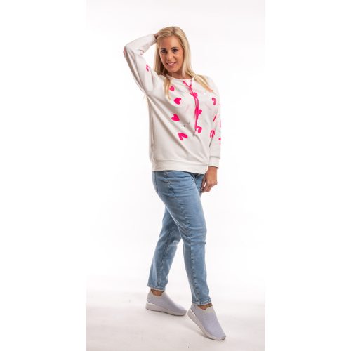 Fehér hosszú ujjú pamut felső, neon pink szívmintával