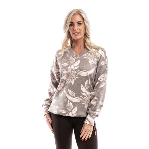  Elegáns húzózsinóros rajzolt virág mintás kötött felső cappuccino