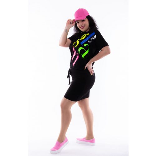  Fekete EASY elől kötős pamut ruha (neon glam nyomat)