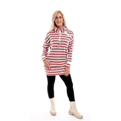 Női magas galléros hosszított pulóver - fekete-fehér -piros geometrikus minta