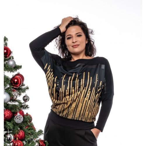 Hosszú ujjú, lakkbetétes, gold city mintás passzés aljú felső