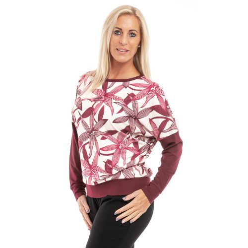  Hosszú ujjú passzés felső bordó rajzolt virág minta.