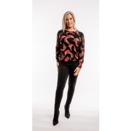   Hosszú ujjú női passzés felső piros-aranylevél mintával
