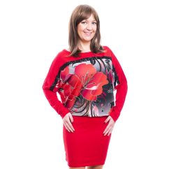 Rucy Fashion piros színű szürkés alapon virág mintás, hosszú ujjú denevér fazonú ruha / tunika