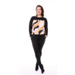 Fekete alapon fahéj-fekete hullám mintás hosszú ujjú gumis derekú felső