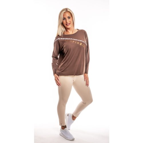 Hosszú ujjú gumis derekú női felső csokoládé-ocelot rátét