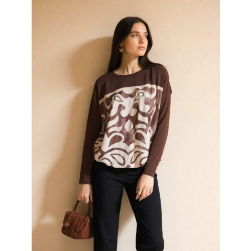 Boho mintás laza felső gumirozott derékkal csokoládé