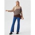 Hosszú ujjú ejtett vállú hosszított felső drapp-ocelot-csokoládé