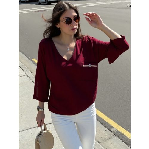 Burgundi laza blúz zsebes