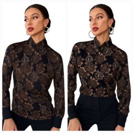   Hosszú ujjú magas nyakú fekete-bronz virágmintás elegáns blúz