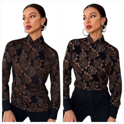Hosszú ujjú magas nyakú fekete-bronz virágmintás elegáns blúz