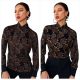 Hosszú ujjú magas nyakú fekete-bronz virágmintás elegáns blúz