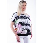 Rövid ujjú széles fekete fehér csíkos virág mintás laza felső