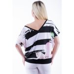 Rövid ujjú széles fekete fehér csíkos virág mintás laza felső