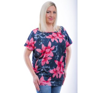 Rucy Fashion rövid ujjú farmerkék alapon rózsaszín virág mintás lezser felső Rucy Fashion rövid ujjú farmerkék alapon rózsaszín virág mintás lezser felső