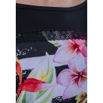 Rövid ujjú fekete-fehér csíkos alapon tropical virág mintás lezser felső