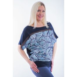 Sötétkék alapon absztrakt mintás rövid ujjú passzés felső tüll betéttel