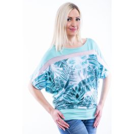 Rucy Fashion rövid ujjú mentazöld alapon levél mintás passzés felső