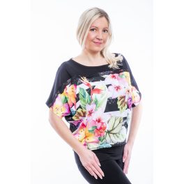   Rövid ujjú, fekete-fehér csíkos alapon tropical színes virág mintás passzés felső