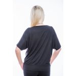 Rövid ujjú, fekete-fehér csíkos alapon tropical színes virág mintás passzés felső