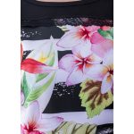 Rövid ujjú, fekete-fehér csíkos alapon tropical színes virág mintás passzés felső