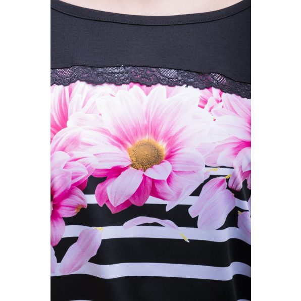 Rucy Fashion rövid ujjú fekete csíkos alapon rózsaszín virág mintás lezser felső