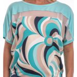 Rövid ujjú mentazöld alapon geometrik mentazöld-drapp-sötétkék passzés felső