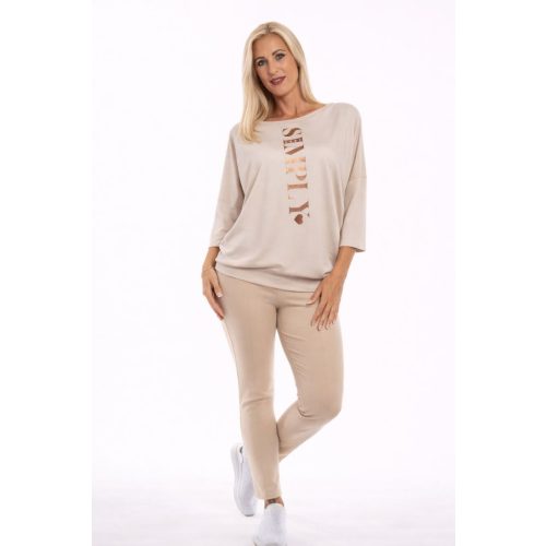 Háromnegyedes ujjú női passzés felső beige simply felirat
