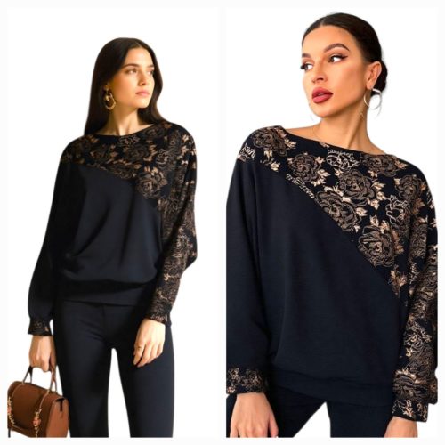 Formázott divatos passzés felső fekete-bronz vintage minta